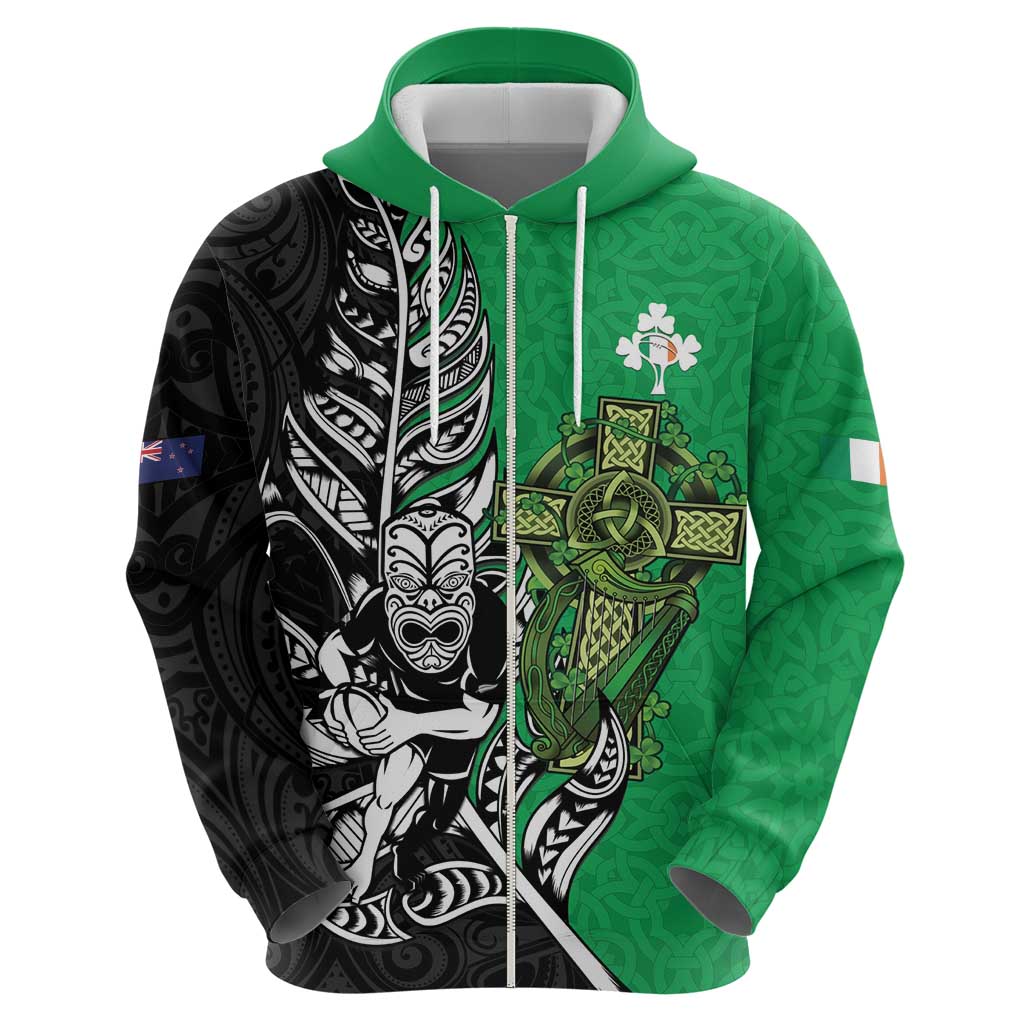 New Zealand and Ireland Rugby Custom Zip Hoodie Maori Tiki Fern Irish Celtic Cross - Polynesian Pride