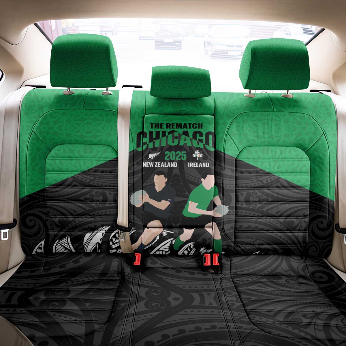 New Zealand and Ireland Rugby Back Car Seat Cover Chicago 2025 Go All Black Shamrocks - Polynesian Pride