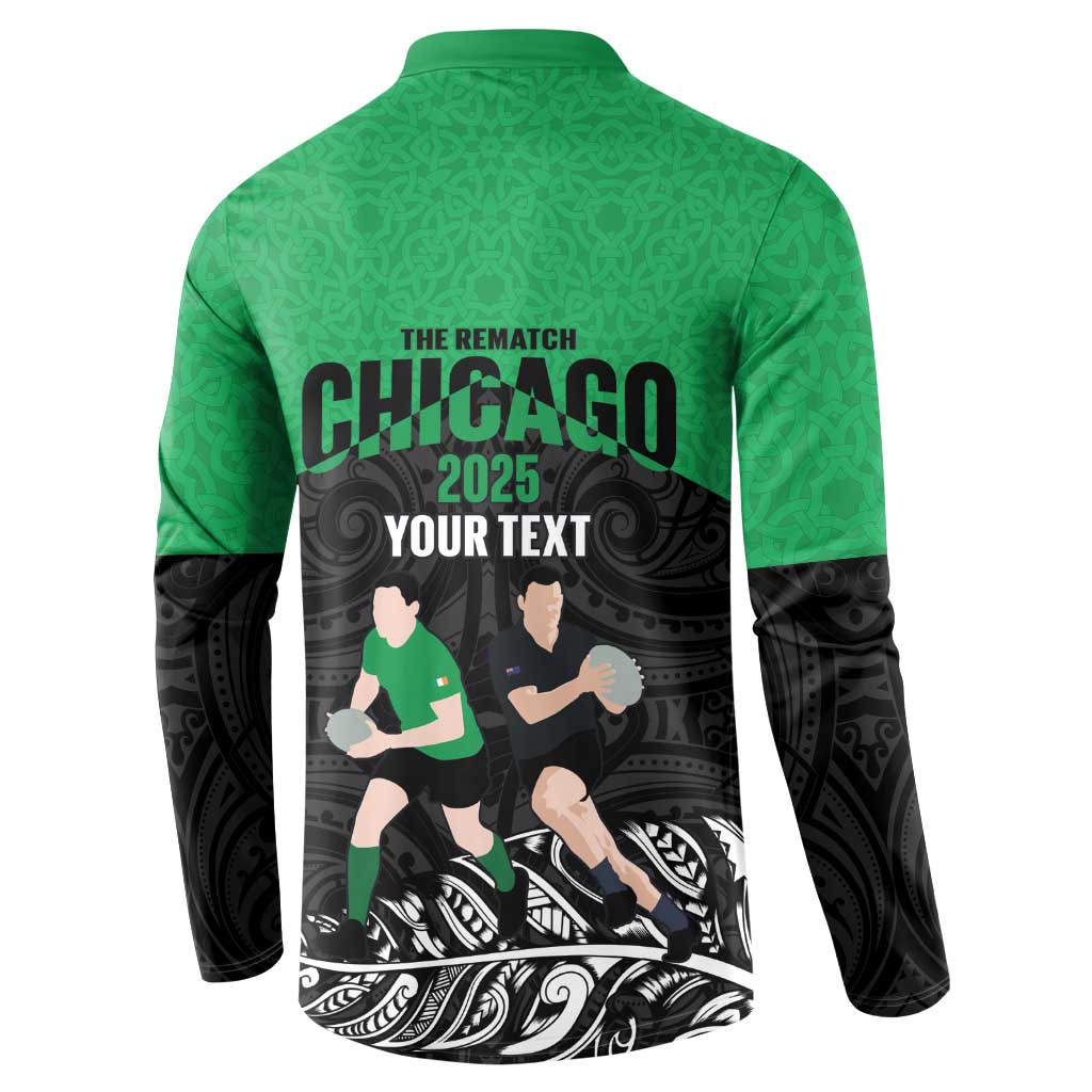 New Zealand and Ireland Rugby Custom Button Sweatshirt Chicago 2025 Go All Black Shamrocks - Polynesian Pride