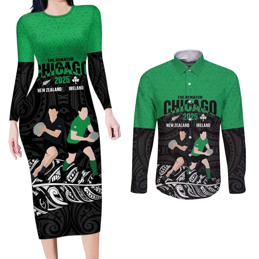 New Zealand and Ireland Rugby Custom Couples Matching Long Sleeve Bodycon Dress and Long Sleeve Button Shirt Chicago 2025 Go All Black Shamrocks - Polynesian Pride