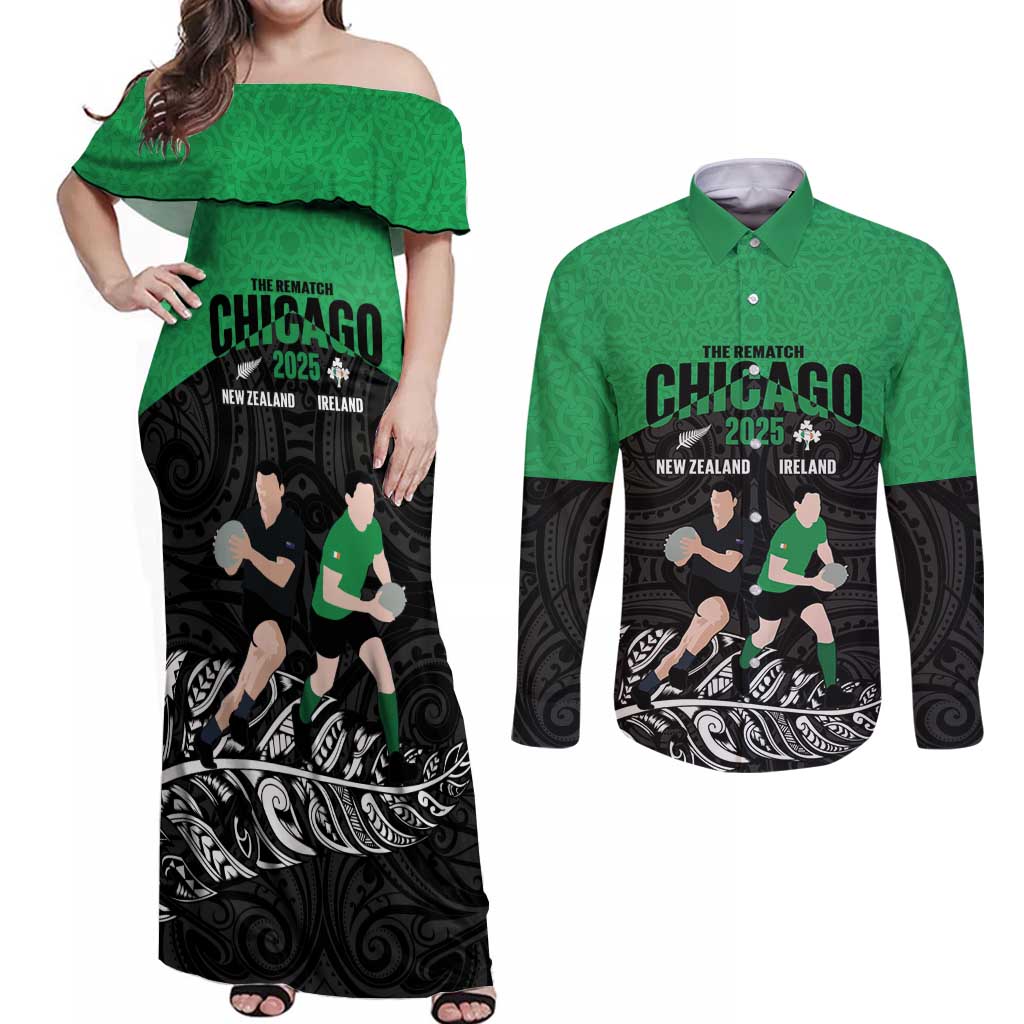 New Zealand and Ireland Rugby Custom Couples Matching Off Shoulder Maxi Dress and Long Sleeve Button Shirt Chicago 2025 Go All Black Shamrocks - Polynesian Pride