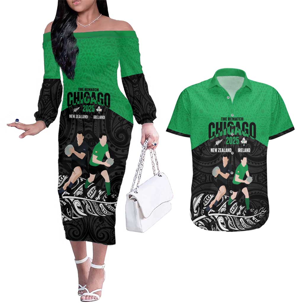 New Zealand and Ireland Rugby Custom Couples Matching Off The Shoulder Long Sleeve Dress and Hawaiian Shirt Chicago 2025 Go All Black Shamrocks - Polynesian Pride