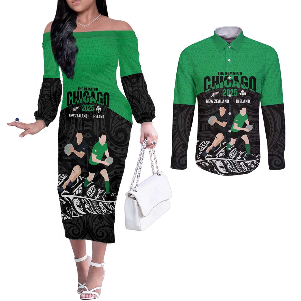 New Zealand and Ireland Rugby Custom Couples Matching Off The Shoulder Long Sleeve Dress and Long Sleeve Button Shirt Chicago 2025 Go All Black Shamrocks - Polynesian Pride