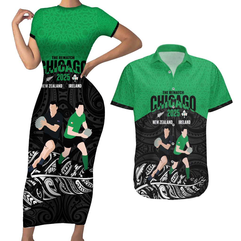New Zealand and Ireland Rugby Custom Couples Matching Short Sleeve Bodycon Dress and Hawaiian Shirt Chicago 2025 Go All Black Shamrocks - Polynesian Pride