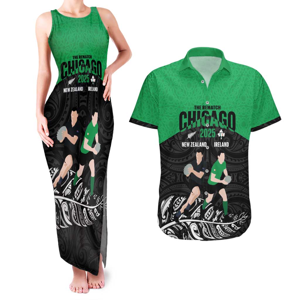 New Zealand and Ireland Rugby Custom Couples Matching Tank Maxi Dress and Hawaiian Shirt Chicago 2025 Go All Black Shamrocks - Polynesian Pride