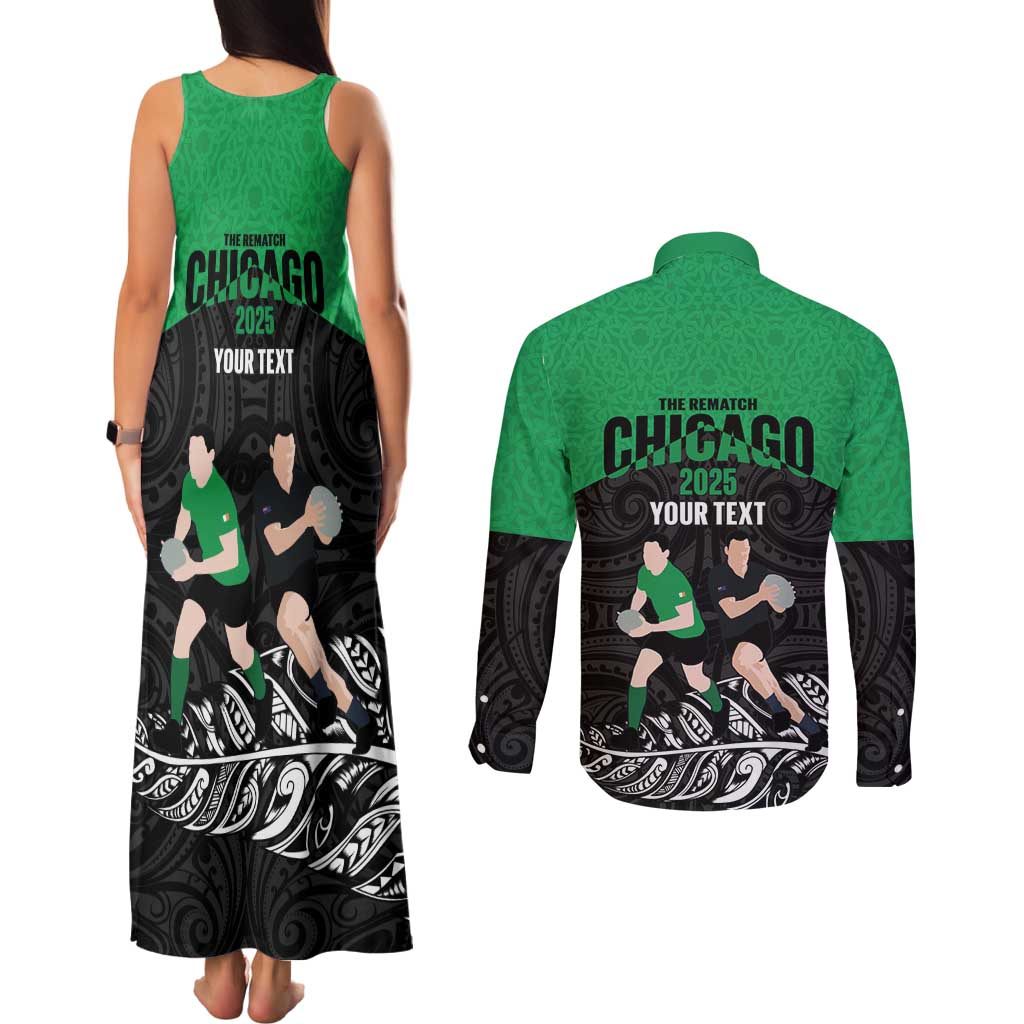 New Zealand and Ireland Rugby Custom Couples Matching Tank Maxi Dress and Long Sleeve Button Shirt Chicago 2025 Go All Black Shamrocks - Polynesian Pride