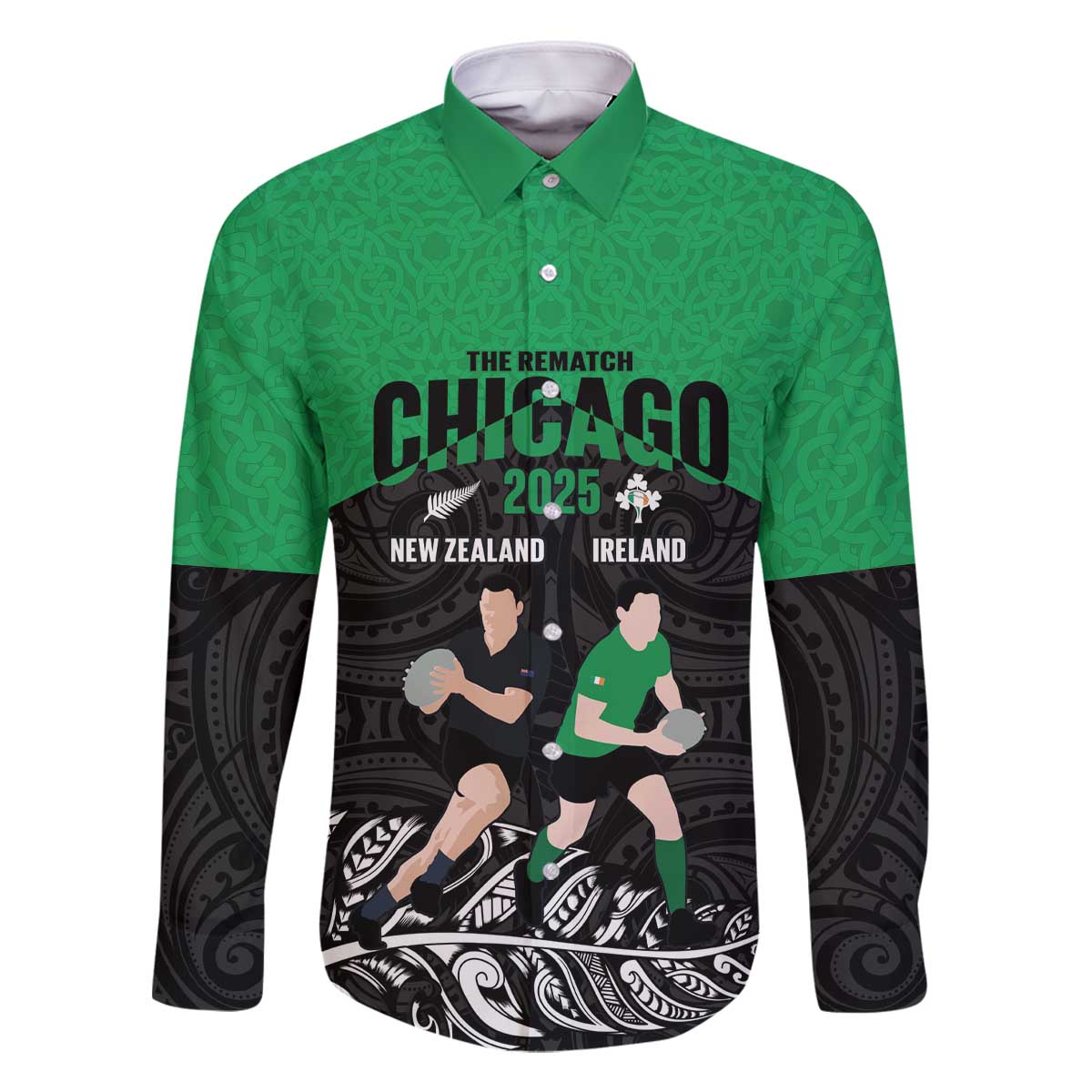 New Zealand and Ireland Rugby Custom Family Matching Off The Shoulder Long Sleeve Dress and Hawaiian Shirt Chicago 2025 Go All Black Shamrocks - Polynesian Pride