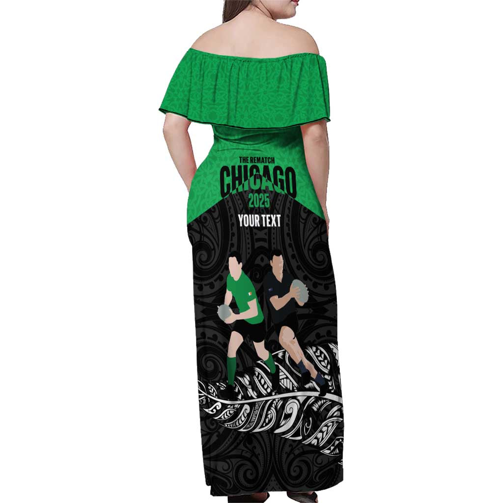 New Zealand and Ireland Rugby Custom Family Matching Off Shoulder Maxi Dress and Hawaiian Shirt Chicago 2025 Go All Black Shamrocks - Polynesian Pride