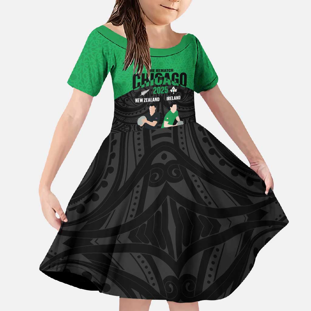 New Zealand and Ireland Rugby Custom Family Matching Short Sleeve Bodycon Dress and Hawaiian Shirt Chicago 2025 Go All Black Shamrocks - Polynesian Pride