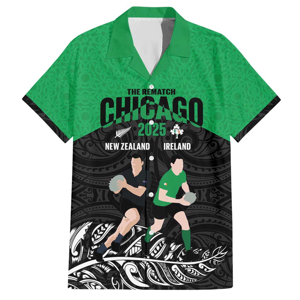 New Zealand and Ireland Rugby Custom Family Matching Short Sleeve Bodycon Dress and Hawaiian Shirt Chicago 2025 Go All Black Shamrocks - Polynesian Pride