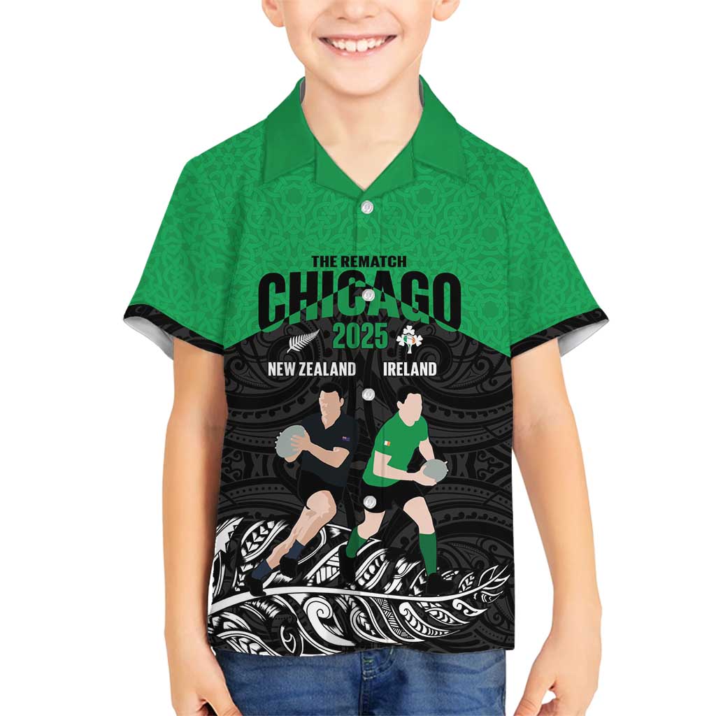 New Zealand and Ireland Rugby Custom Family Matching Summer Maxi Dress and Hawaiian Shirt Chicago 2025 Go All Black Shamrocks - Polynesian Pride