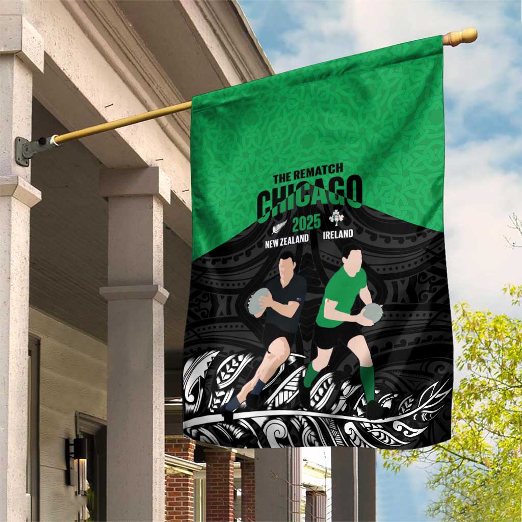 New Zealand and Ireland Rugby Garden Flag Chicago 2025 Go All Black Shamrocks - Polynesian Pride