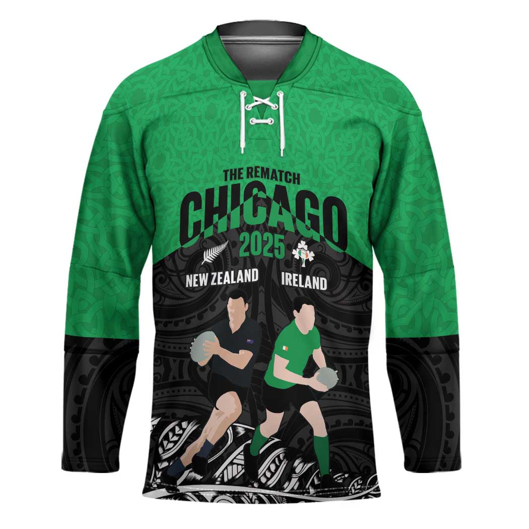New Zealand and Ireland Rugby Custom Hockey Jersey Chicago 2025 Go All Black Shamrocks - Polynesian Pride