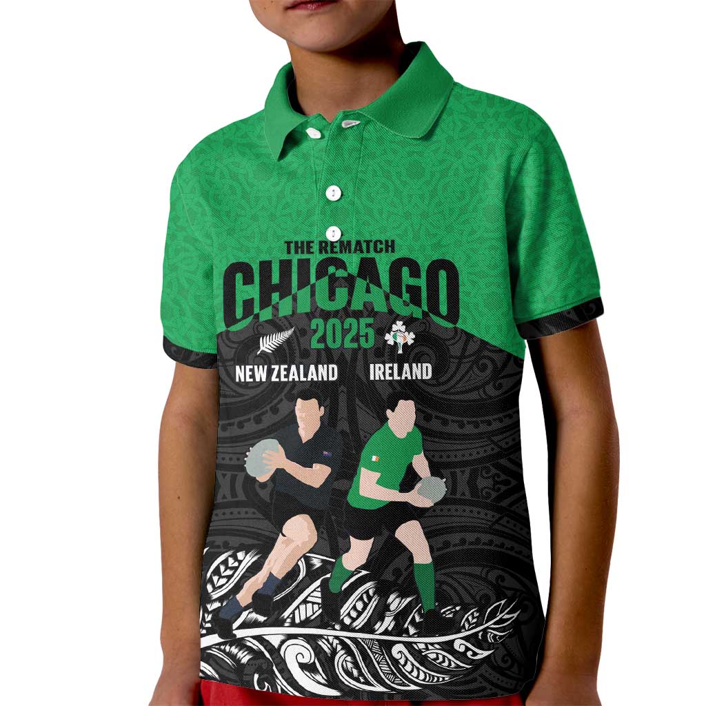New Zealand and Ireland Rugby Custom Kid Polo Shirt Chicago 2025 Go All Black Shamrocks - Polynesian Pride
