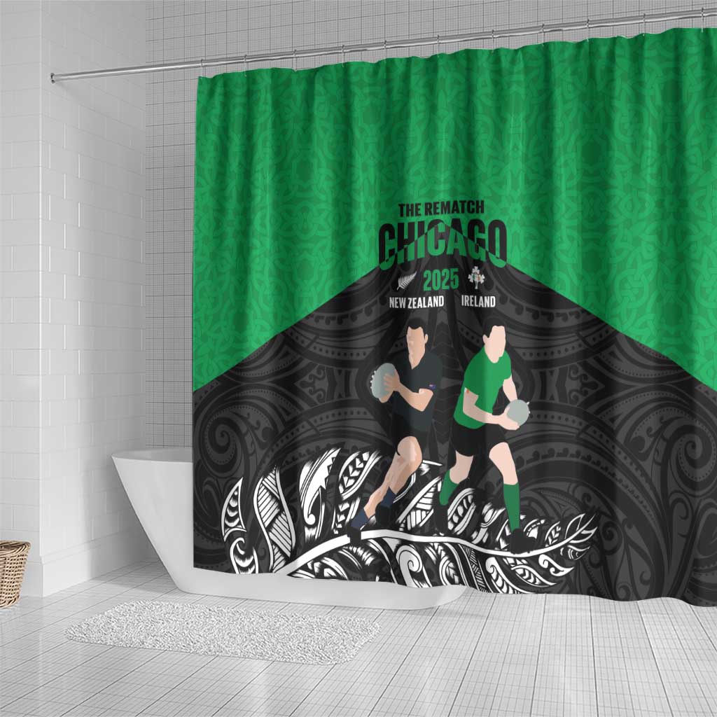 New Zealand and Ireland Rugby Shower Curtain Chicago 2025 Go All Black Shamrocks - Polynesian Pride