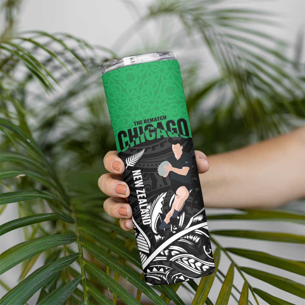 New Zealand and Ireland Rugby Skinny Tumbler Chicago 2025 Go All Black Shamrocks - Polynesian Pride