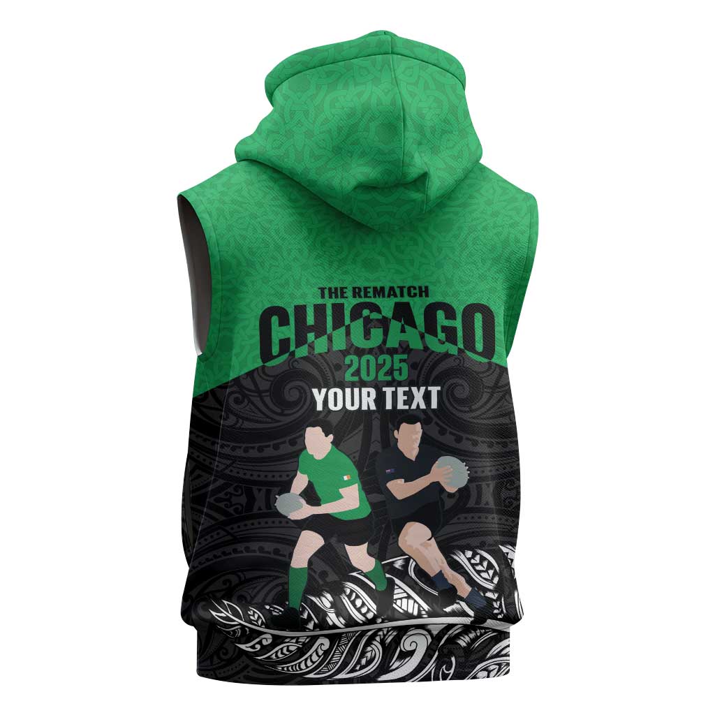 New Zealand and Ireland Rugby Custom Sleeveless Hoodie Chicago 2025 Go All Black Shamrocks - Polynesian Pride