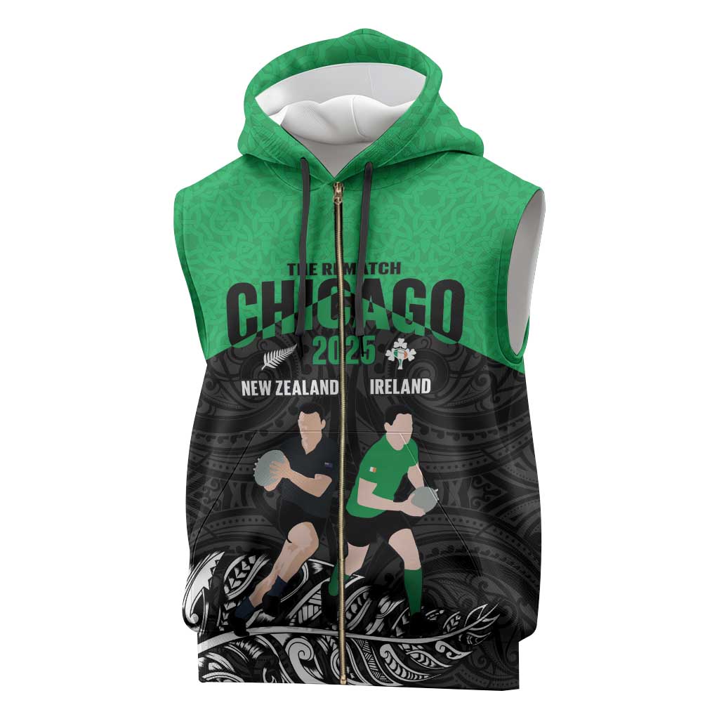 New Zealand and Ireland Rugby Custom Sleeveless Zip Hoodie Chicago 2025 Go All Black Shamrocks - Polynesian Pride
