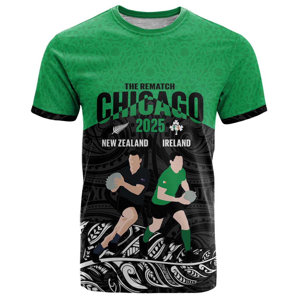 New Zealand and Ireland Rugby Custom T Shirt Chicago 2025 Go All Black Shamrocks - Polynesian Pride