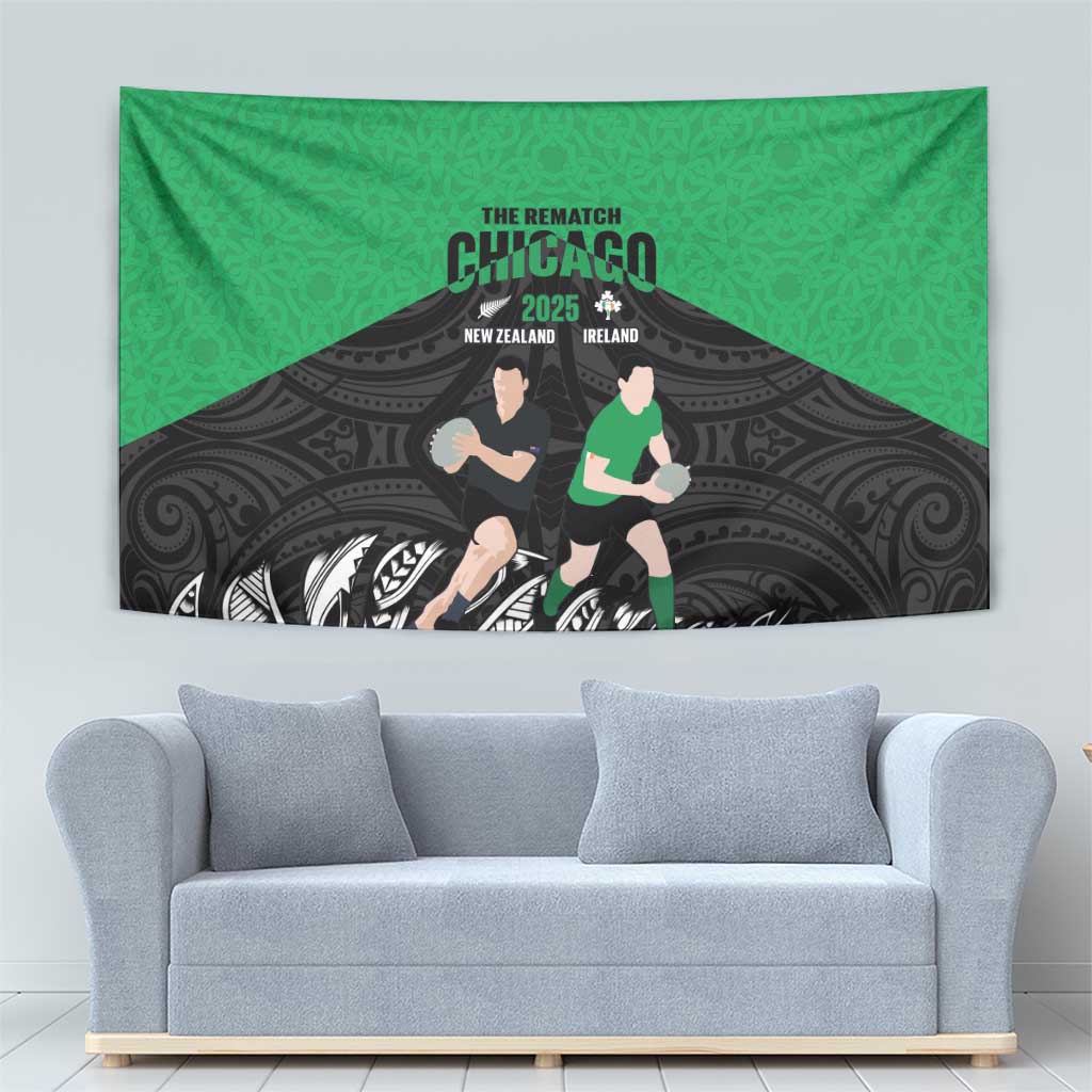 New Zealand and Ireland Rugby Tapestry Chicago 2025 Go All Black Shamrocks - Polynesian Pride