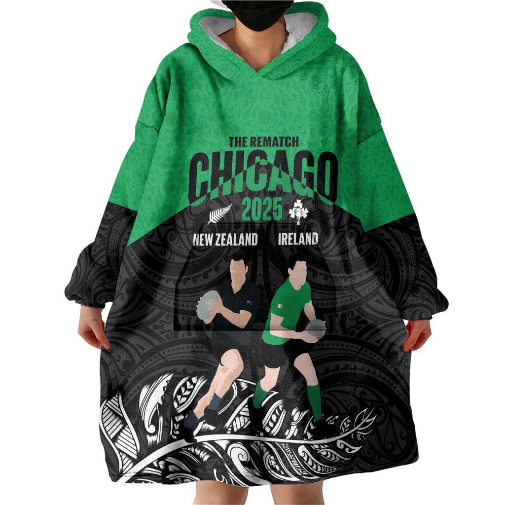 New Zealand and Ireland Rugby Custom Wearable Blanket Hoodie Chicago 2025 Go All Black Shamrocks LT14 - Polynesian Pride