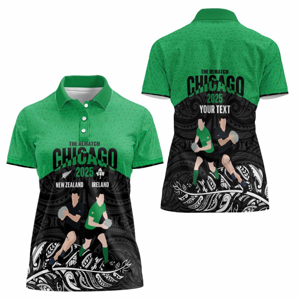 New Zealand and Ireland Rugby Custom Women Polo Shirt Chicago 2025 Go All Black Shamrocks - Polynesian Pride