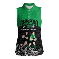 New Zealand and Ireland Rugby Custom Women Sleeveless Polo Shirt Chicago 2025 Go All Black Shamrocks - Polynesian Pride