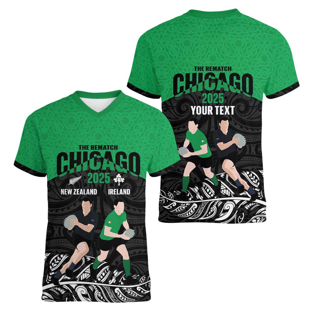 New Zealand and Ireland Rugby Custom Women V-Neck T-Shirt Chicago 2025 Go All Black Shamrocks - Polynesian Pride