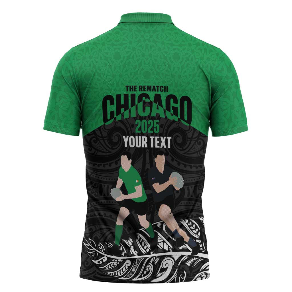 New Zealand and Ireland Rugby Custom Zipper Polo Shirt Chicago 2025 Go All Black Shamrocks - Polynesian Pride