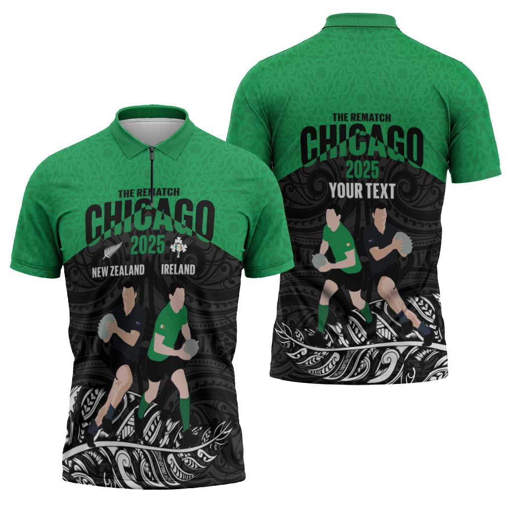 New Zealand and Ireland Rugby Custom Zipper Polo Shirt Chicago 2025 Go All Black Shamrocks - Polynesian Pride