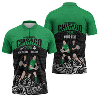 New Zealand and Ireland Rugby Custom Zipper Polo Shirt Chicago 2025 Go All Black Shamrocks - Polynesian Pride