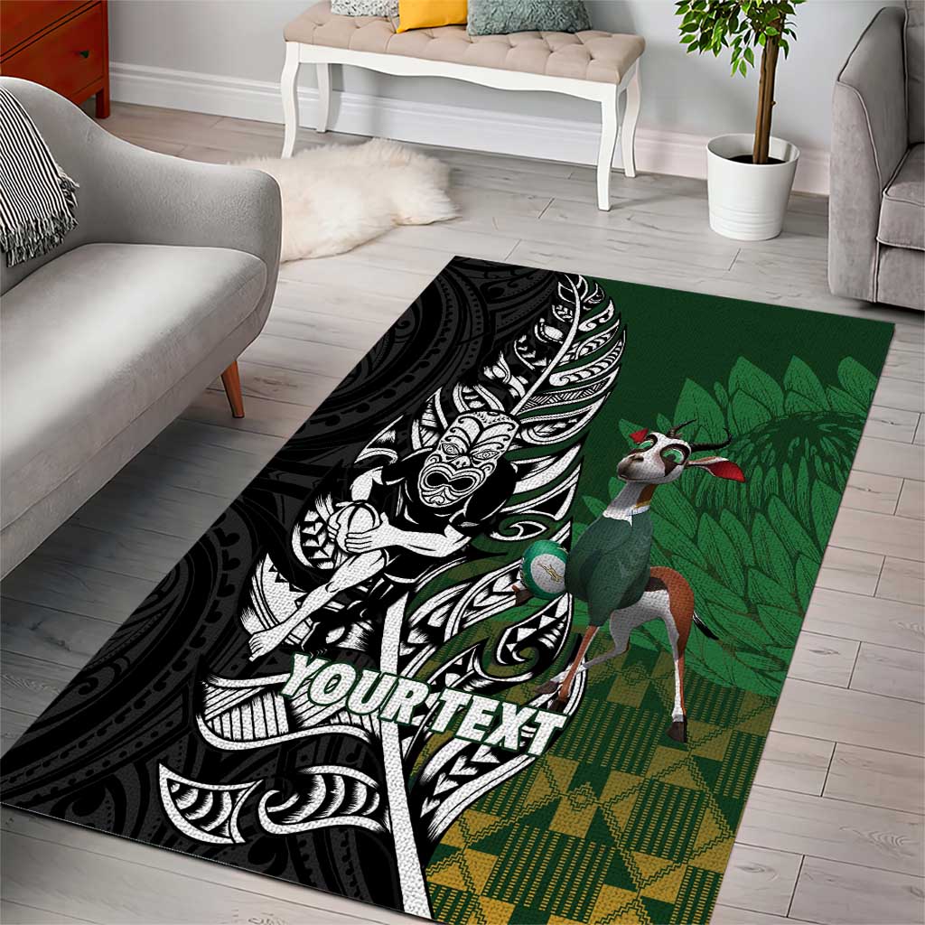 New Zealand and South Africa Rugby Custom Area Rug Maori Tiki Fern Springboks Kente Pattern - Polynesian Pride