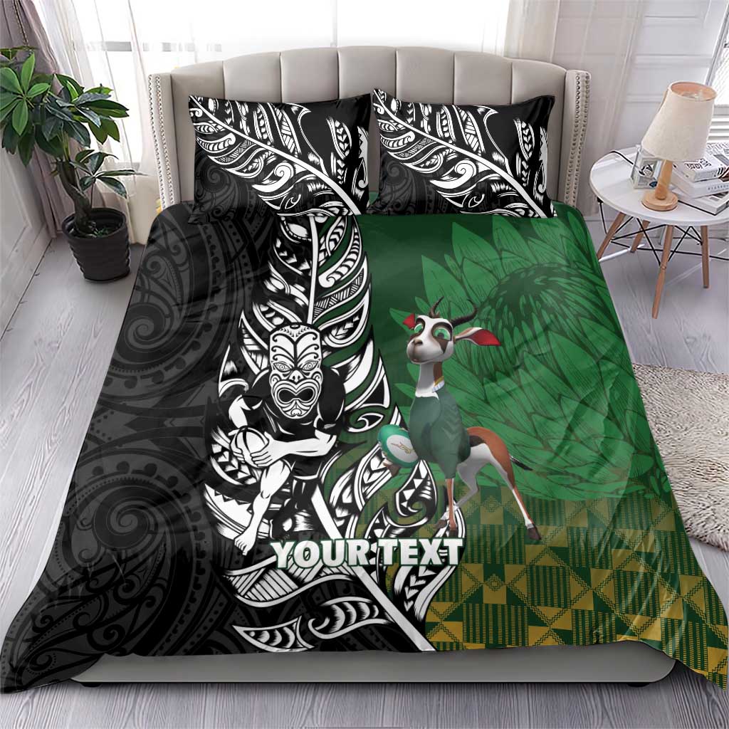 New Zealand and South Africa Rugby Custom Bedding Set Maori Tiki Fern Springboks Kente Pattern - Polynesian Pride