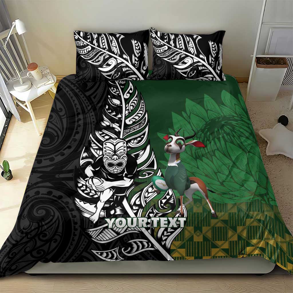 New Zealand and South Africa Rugby Custom Bedding Set Maori Tiki Fern Springboks Kente Pattern - Polynesian Pride