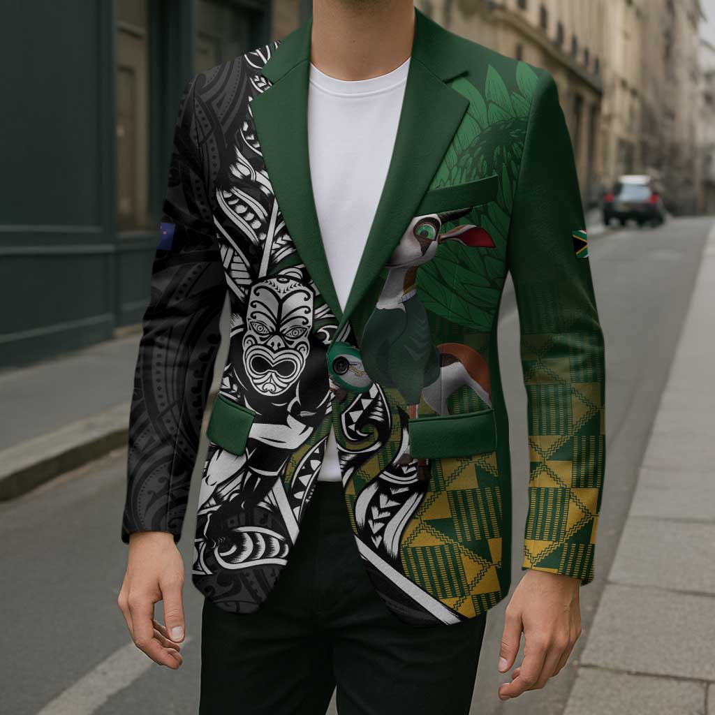 New Zealand and South Africa Rugby Custom Blazer Maori Tiki Fern Springboks Kente Pattern - Polynesian Pride