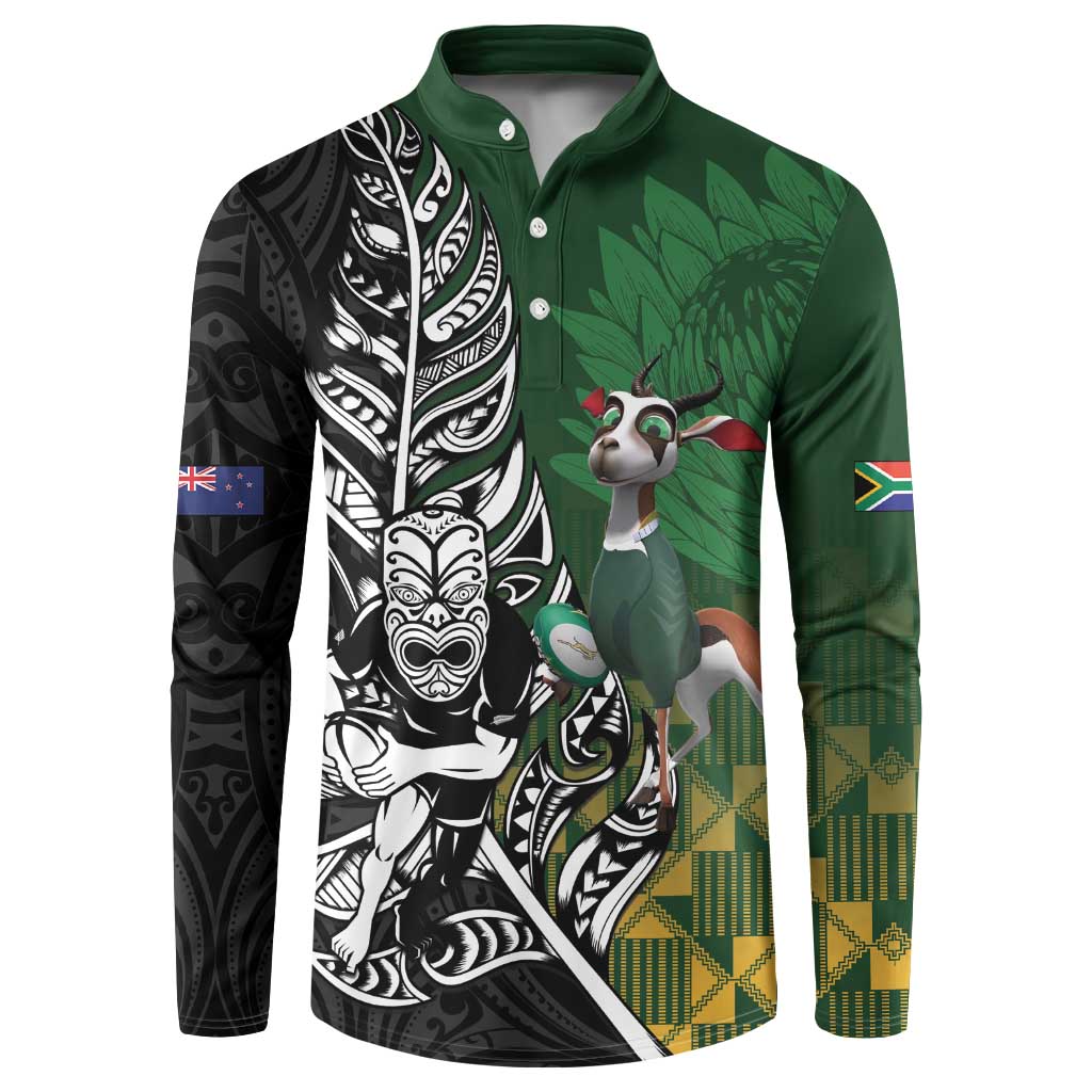 New Zealand and South Africa Rugby Custom Button Sweatshirt Maori Tiki Fern Springboks Kente Pattern - Polynesian Pride