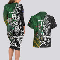 New Zealand and South Africa Rugby Custom Couples Matching Long Sleeve Bodycon Dress and Hawaiian Shirt Maori Tiki Fern Springboks Kente Pattern - Polynesian Pride