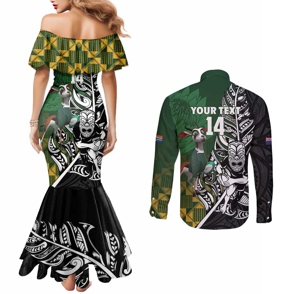 New Zealand and South Africa Rugby Custom Couples Matching Mermaid Dress and Long Sleeve Button Shirt Maori Tiki Fern Springboks Kente Pattern - Polynesian Pride