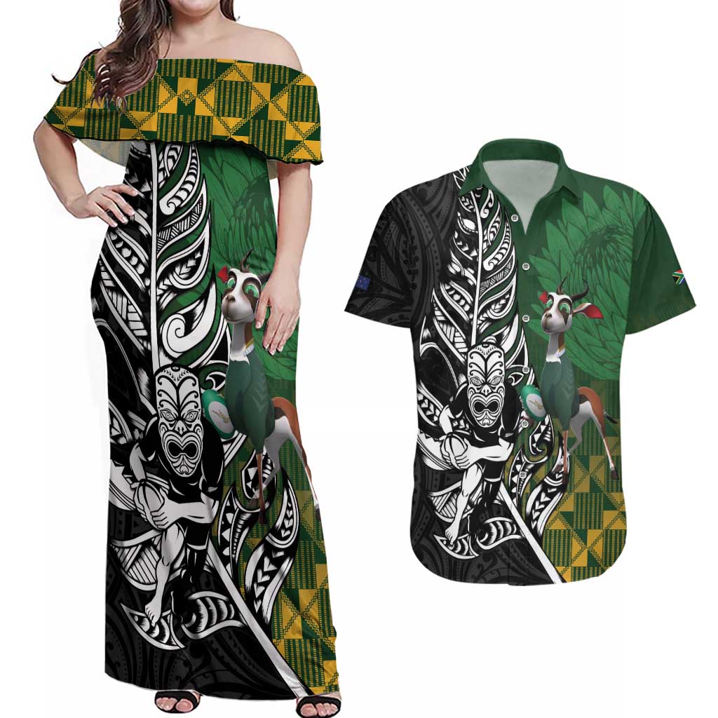 New Zealand and South Africa Rugby Custom Couples Matching Off Shoulder Maxi Dress and Hawaiian Shirt Maori Tiki Fern Springboks Kente Pattern - Polynesian Pride