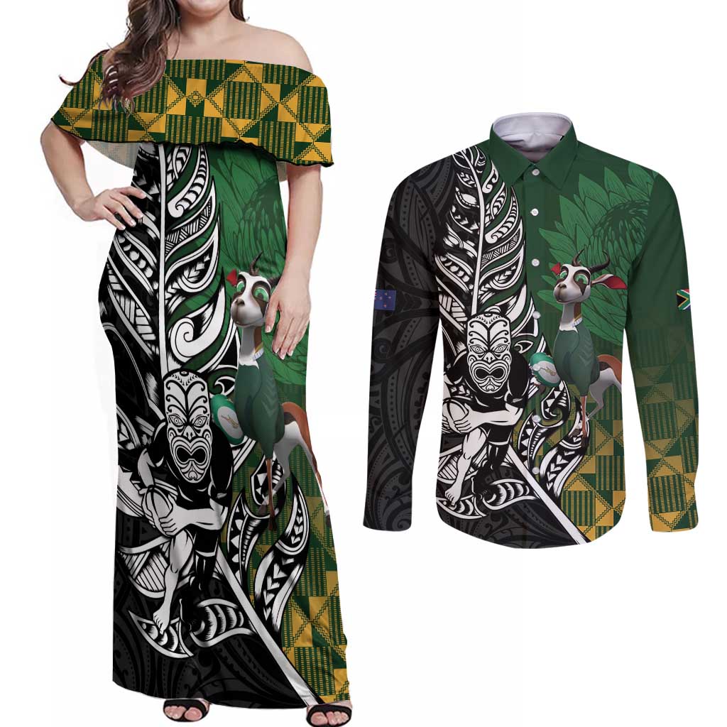 New Zealand and South Africa Rugby Custom Couples Matching Off Shoulder Maxi Dress and Long Sleeve Button Shirt Maori Tiki Fern Springboks Kente Pattern - Polynesian Pride