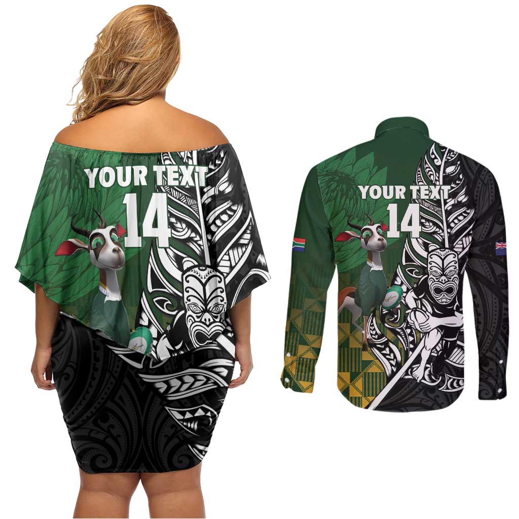 New Zealand and South Africa Rugby Custom Couples Matching Off Shoulder Short Dress and Long Sleeve Button Shirt Maori Tiki Fern Springboks Kente Pattern - Polynesian Pride