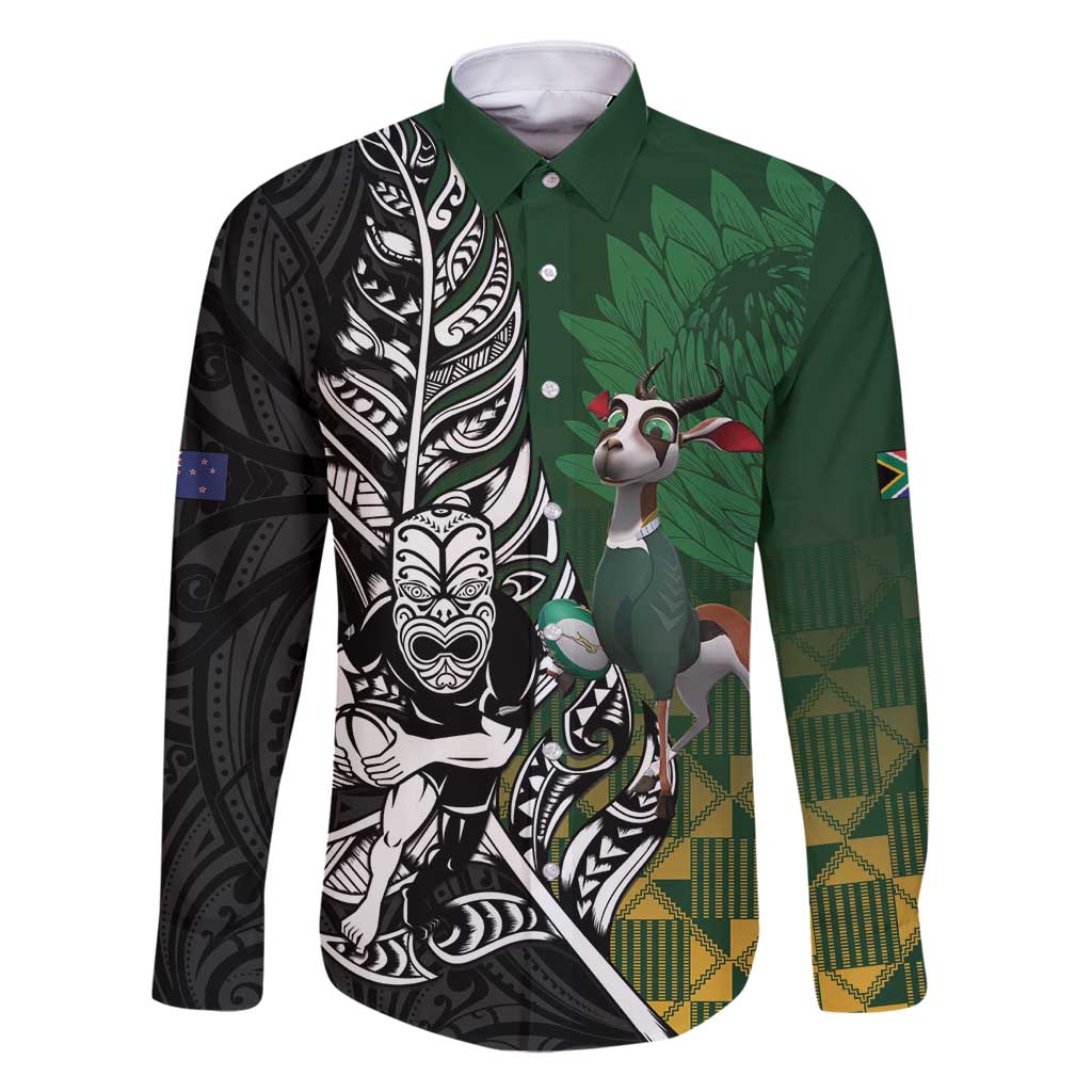 New Zealand and South Africa Rugby Custom Family Matching Long Sleeve Bodycon Dress and Hawaiian Shirt Maori Tiki Fern Springboks Kente Pattern - Polynesian Pride