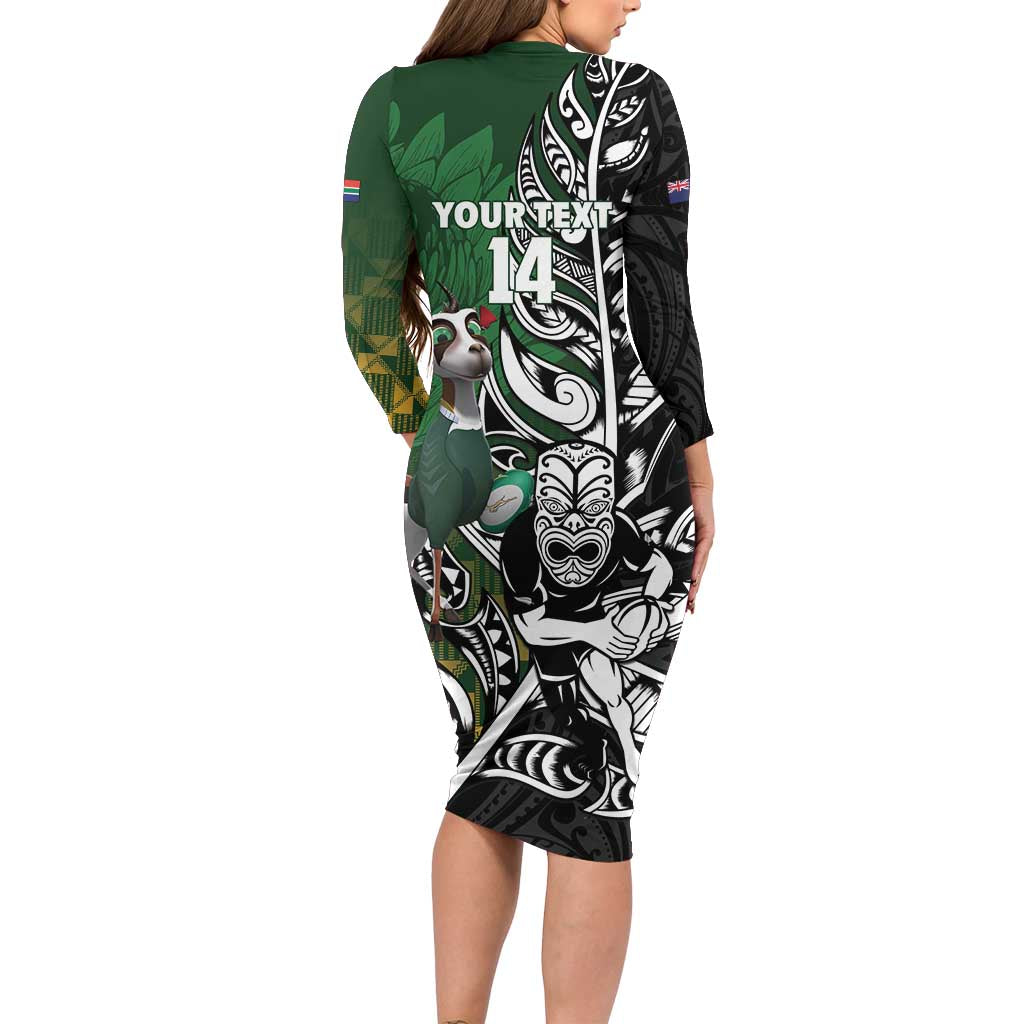 New Zealand and South Africa Rugby Custom Family Matching Long Sleeve Bodycon Dress and Hawaiian Shirt Maori Tiki Fern Springboks Kente Pattern - Polynesian Pride