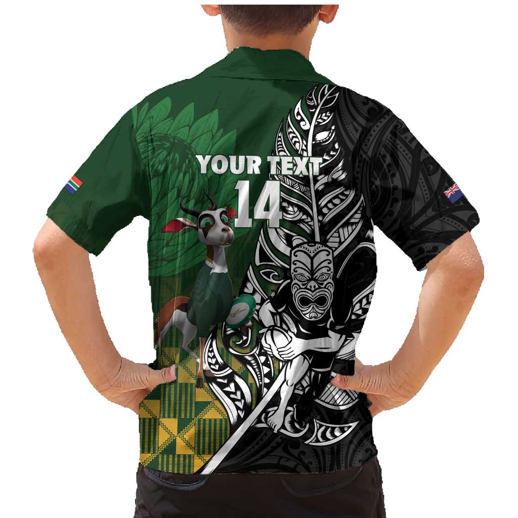 New Zealand and South Africa Rugby Custom Family Matching Mermaid Dress and Hawaiian Shirt Maori Tiki Fern Springboks Kente Pattern - Polynesian Pride