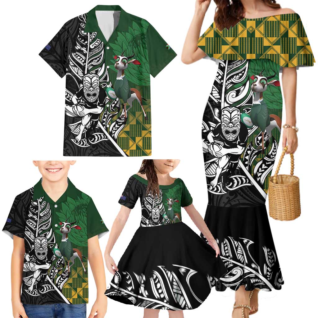New Zealand and South Africa Rugby Custom Family Matching Mermaid Dress and Hawaiian Shirt Maori Tiki Fern Springboks Kente Pattern - Polynesian Pride