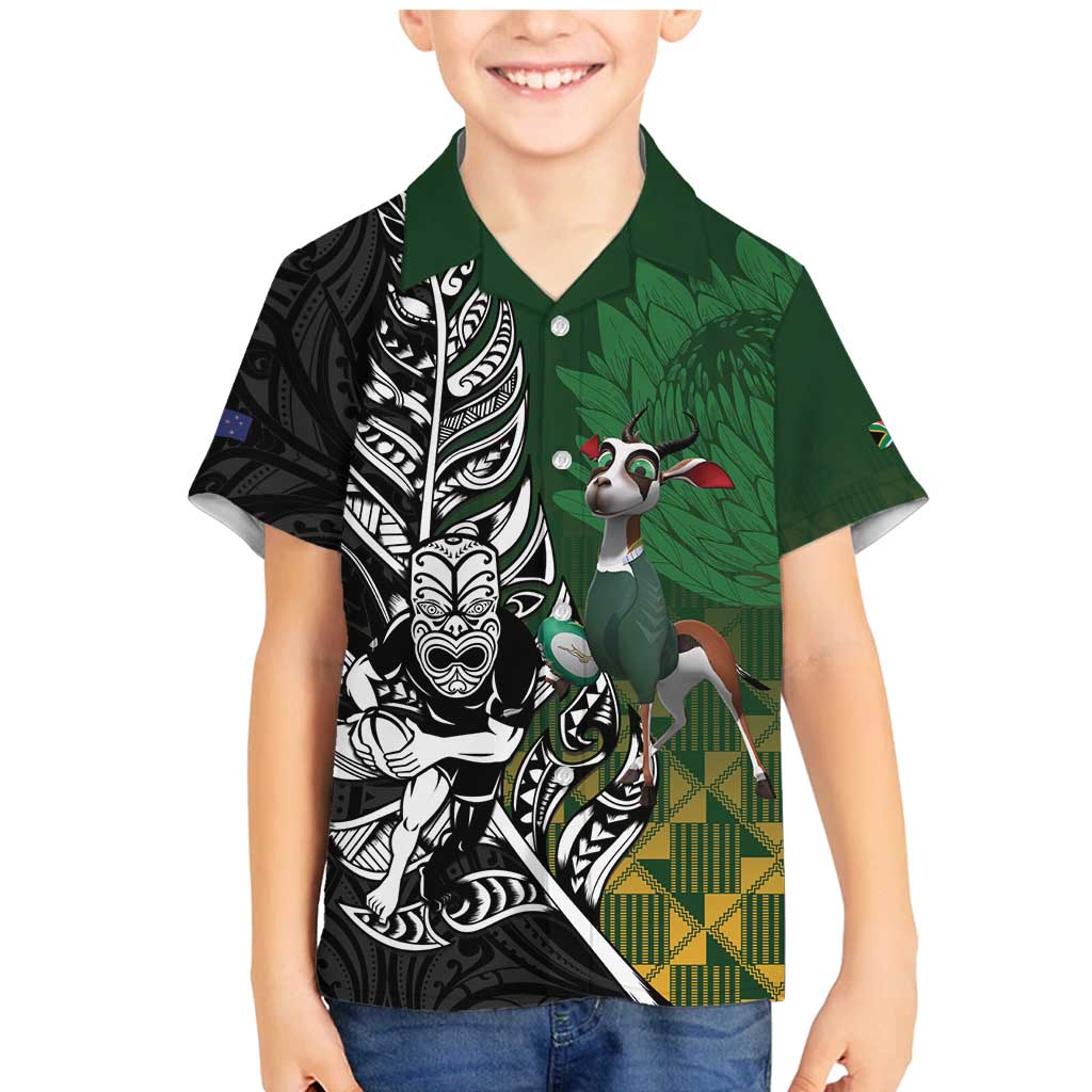New Zealand and South Africa Rugby Custom Family Matching Mermaid Dress and Hawaiian Shirt Maori Tiki Fern Springboks Kente Pattern - Polynesian Pride