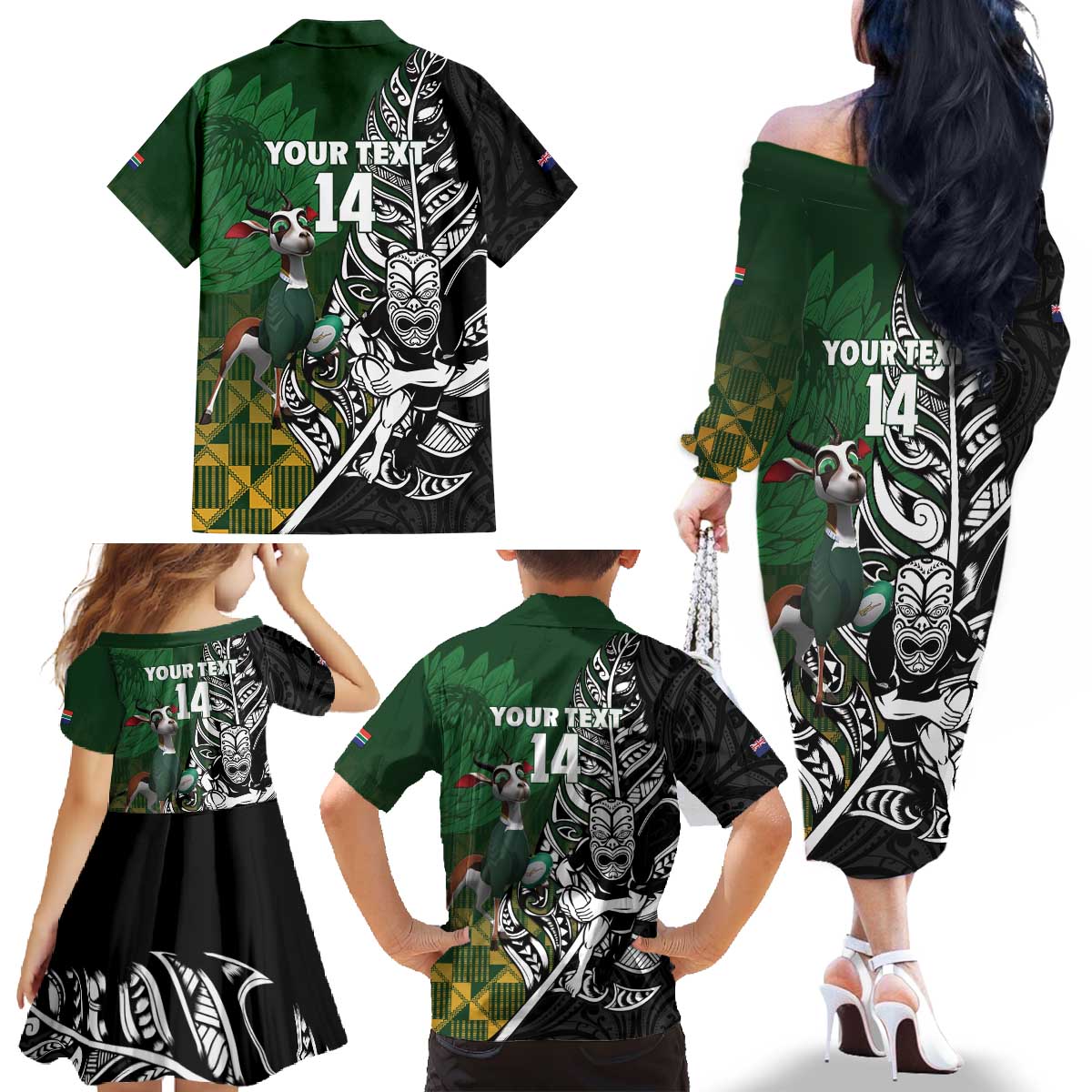 New Zealand and South Africa Rugby Custom Family Matching Off The Shoulder Long Sleeve Dress and Hawaiian Shirt Maori Tiki Fern Springboks Kente Pattern - Polynesian Pride