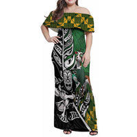 New Zealand and South Africa Rugby Custom Family Matching Off Shoulder Maxi Dress and Hawaiian Shirt Maori Tiki Fern Springboks Kente Pattern - Polynesian Pride