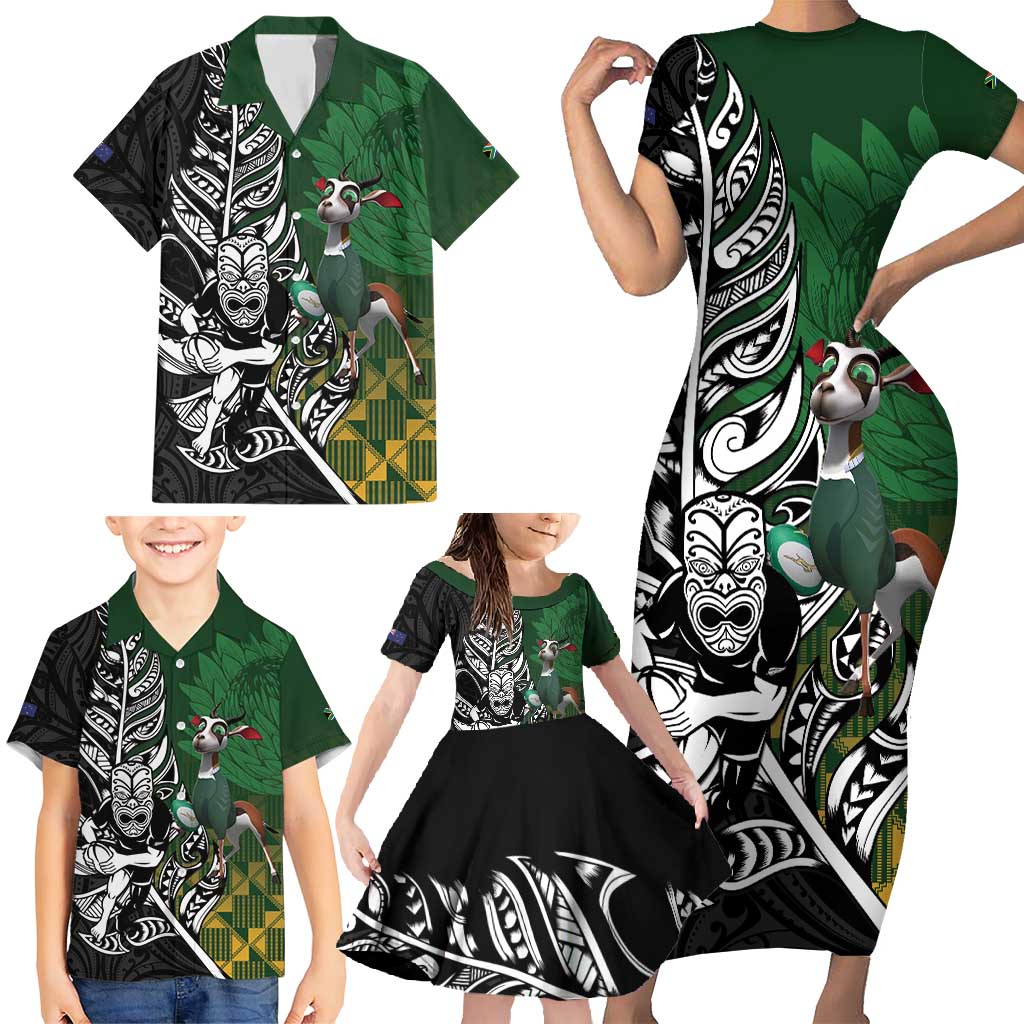 New Zealand and South Africa Rugby Custom Family Matching Short Sleeve Bodycon Dress and Hawaiian Shirt Maori Tiki Fern Springboks Kente Pattern - Polynesian Pride
