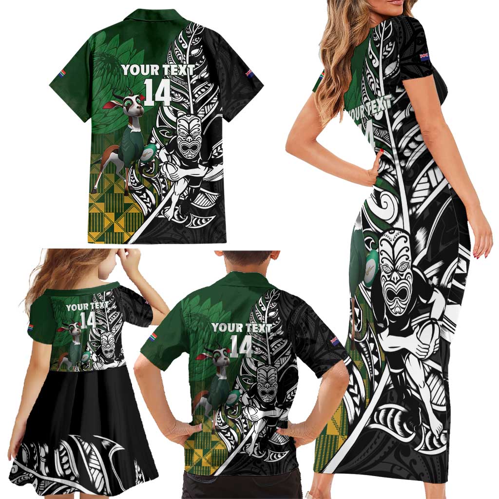 New Zealand and South Africa Rugby Custom Family Matching Short Sleeve Bodycon Dress and Hawaiian Shirt Maori Tiki Fern Springboks Kente Pattern - Polynesian Pride